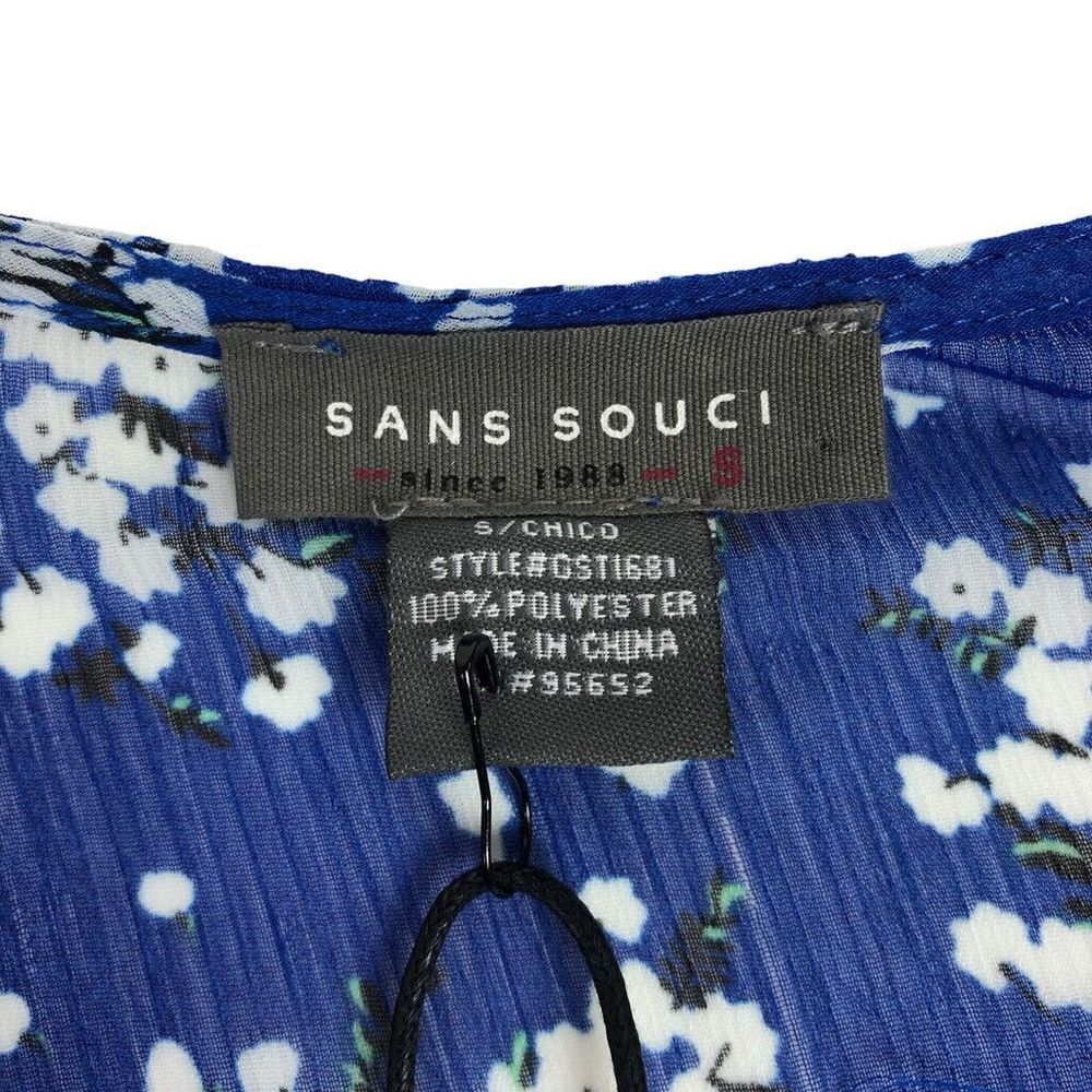 NWT Sans Souci Wrap Top Size S Sheer Floral Print Blouse V-Neck Boho Beachy Blue - Picture 7 of 7